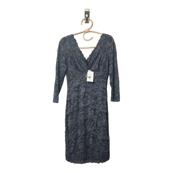 Cache Silver Pewter Gray Sequin Lace Layered Mini Sheath Occasion Dress Size 2 - Picture 9 of 16